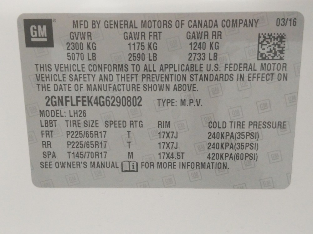 2016 Chevrolet Equinox - VIN Plate