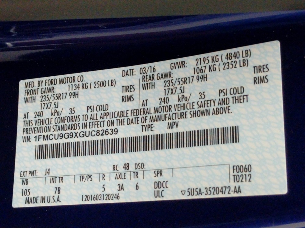 2016 Ford Escape - VIN Plate
