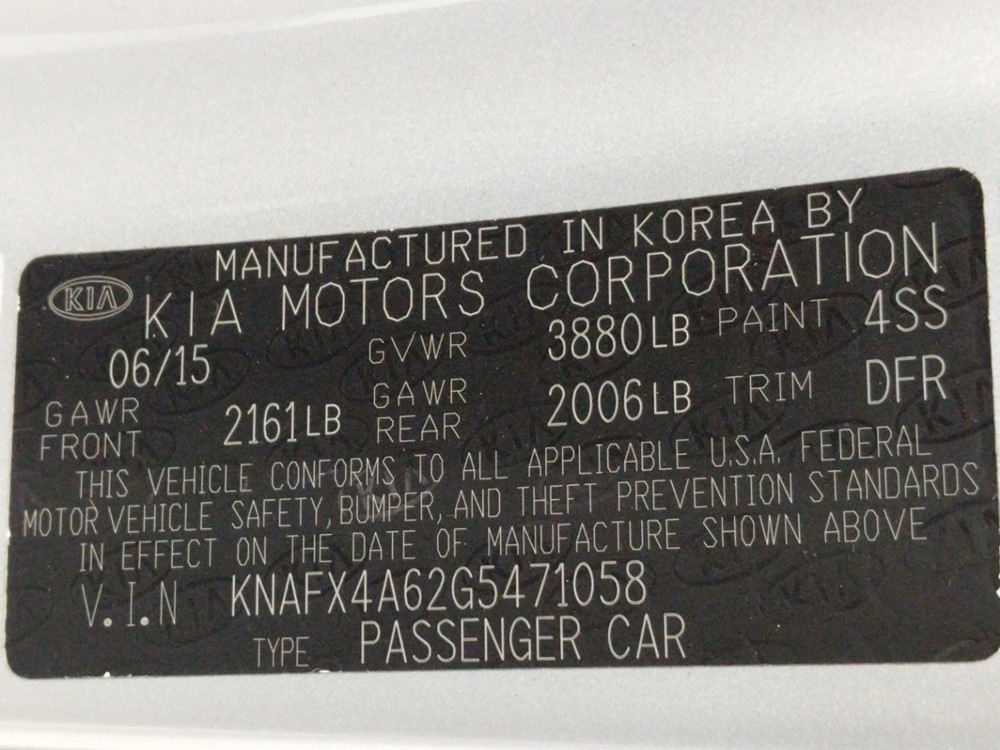 2016 Kia Forte - VIN Plate