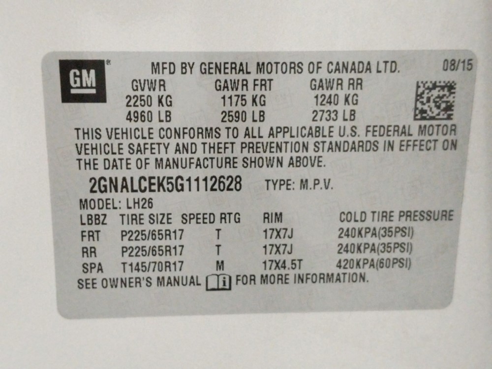 2016 Chevrolet Equinox - VIN Plate