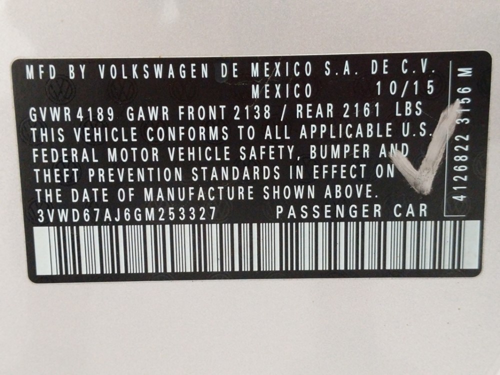 2016 Volkswagen Jetta - VIN Plate