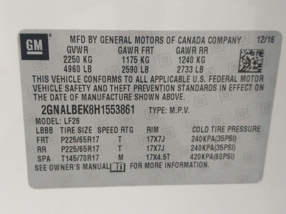 2017 Chevrolet Equinox - VIN Plate