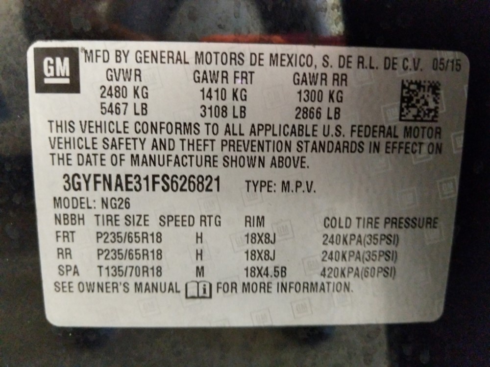 2015 Cadillac SRX - VIN Plate