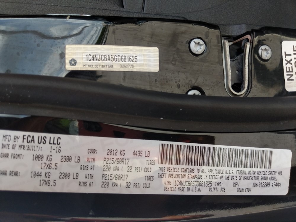 2016 Jeep Compass - VIN Plate
