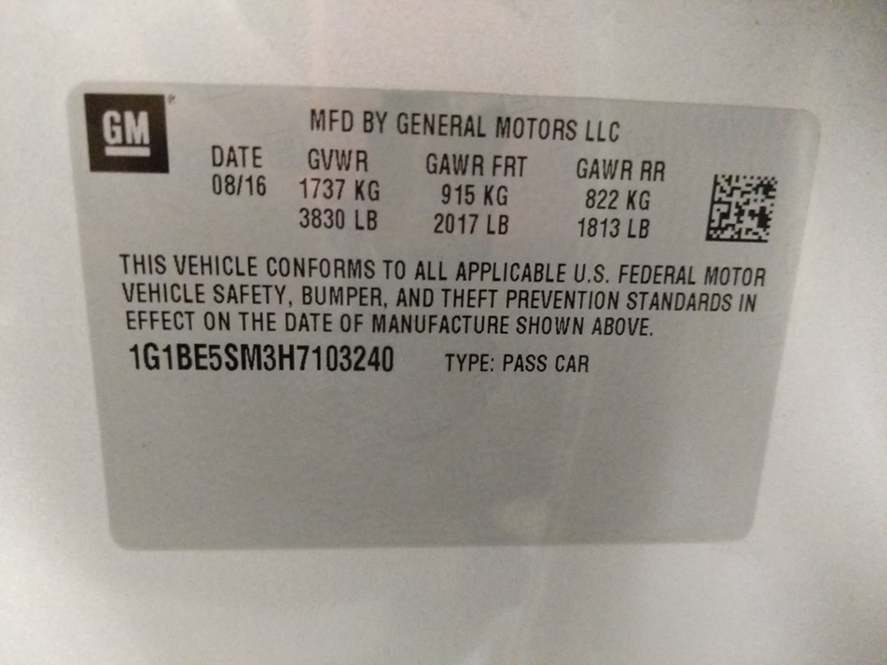 2017 Chevrolet Cruze - VIN Plate