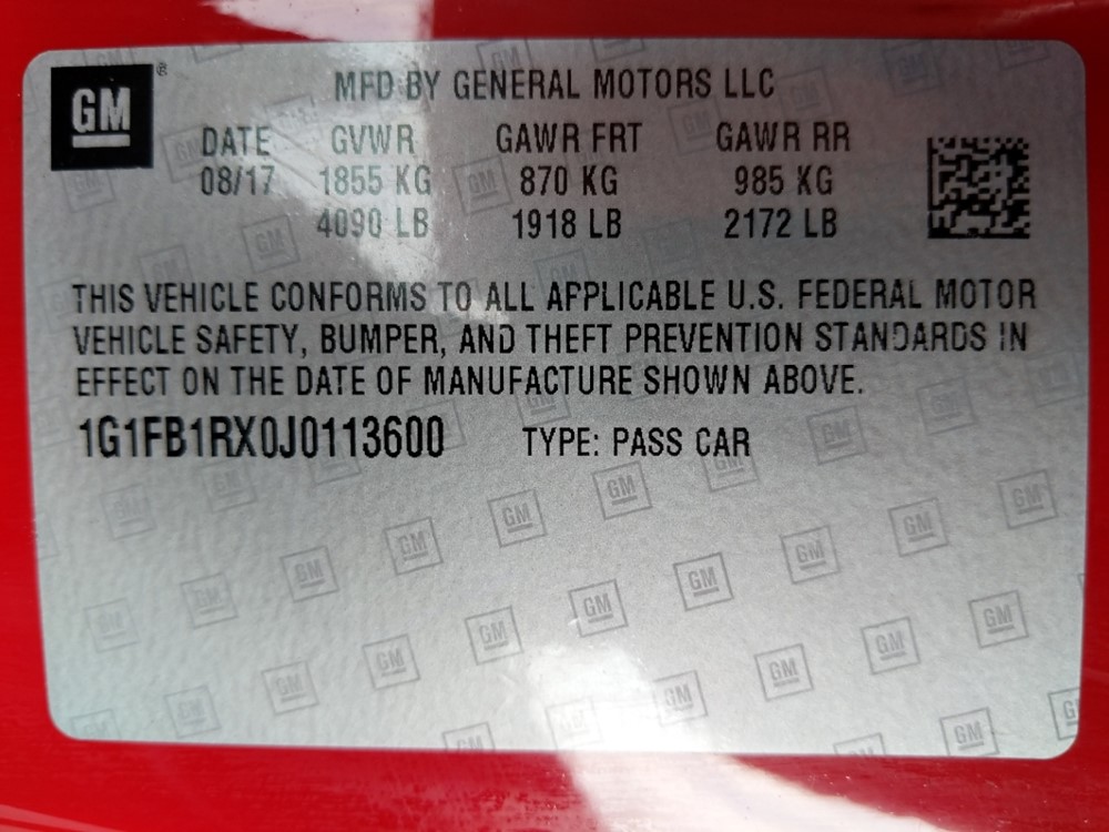 2018 Chevrolet Camaro - VIN Plate