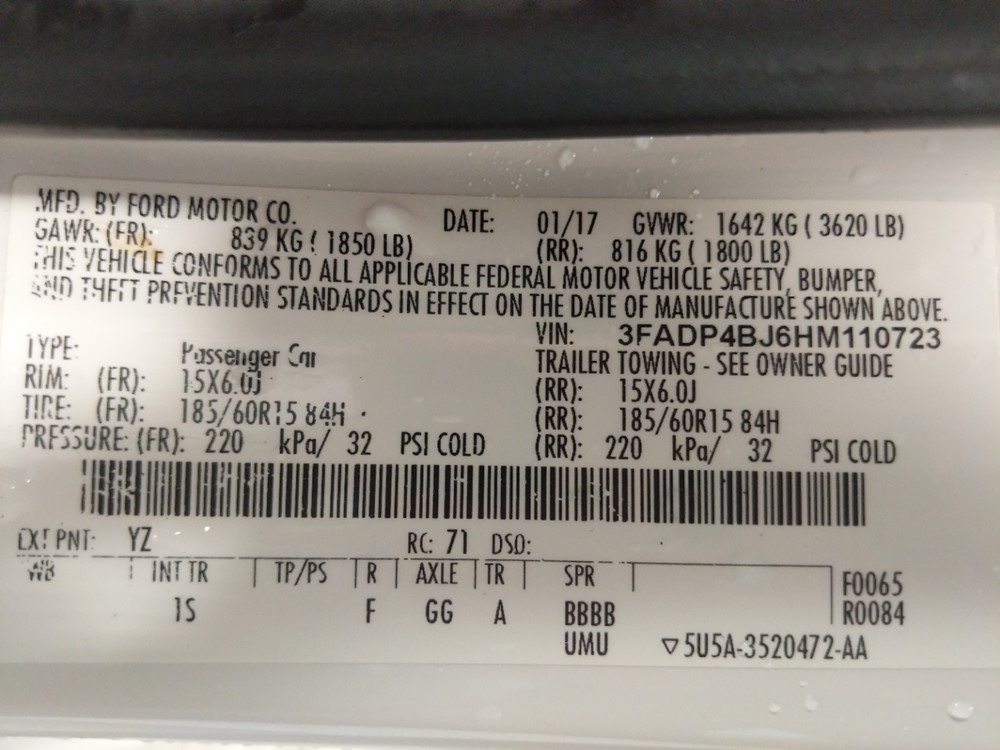 2017 Ford Fiesta - VIN Plate