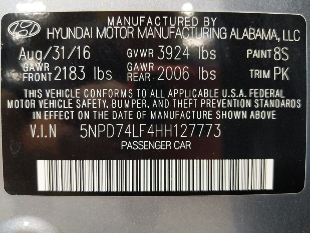 2017 Hyundai Elantra - VIN Plate