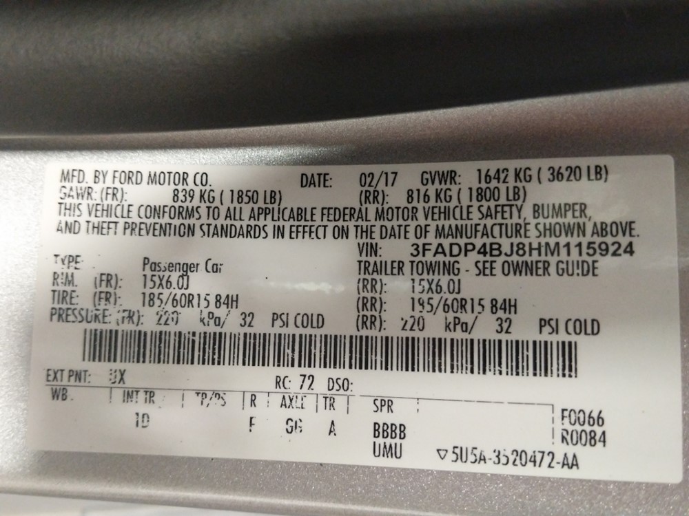 2017 Ford Fiesta - VIN Plate