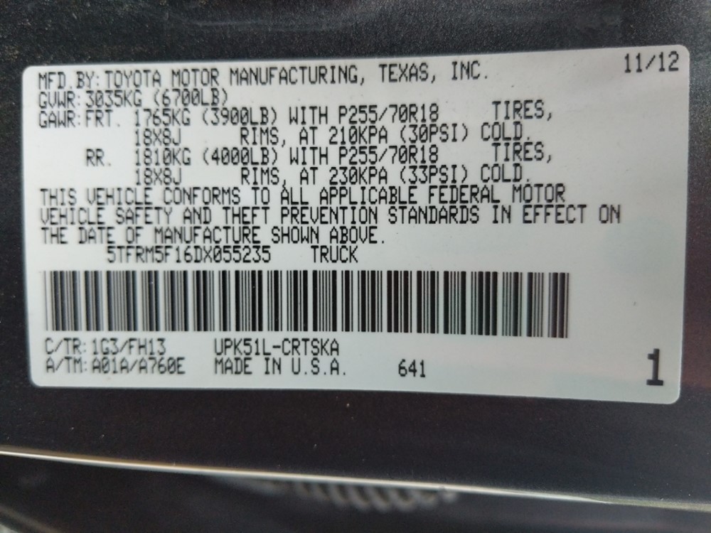 2013 Toyota Tundra - VIN Plate