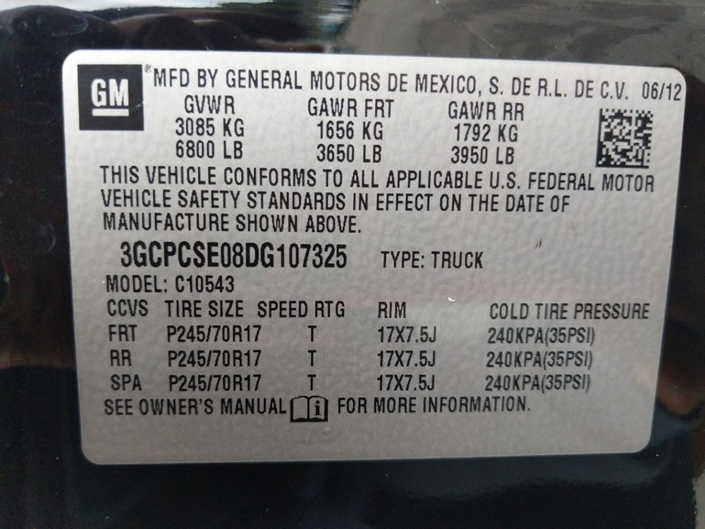 2013 Chevrolet Silverado 1500 - VIN Plate