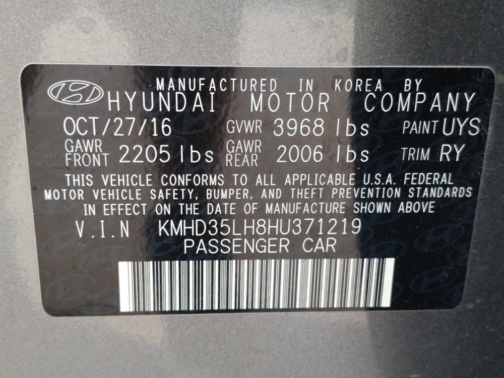 2017 Hyundai Elantra - VIN Plate