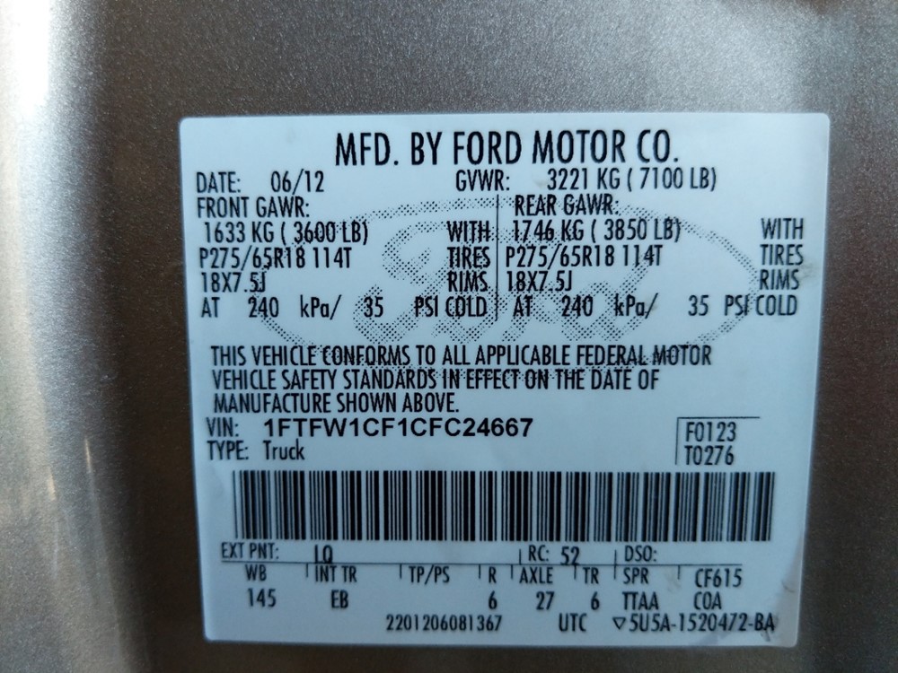 2012 Ford F-150 - VIN Plate