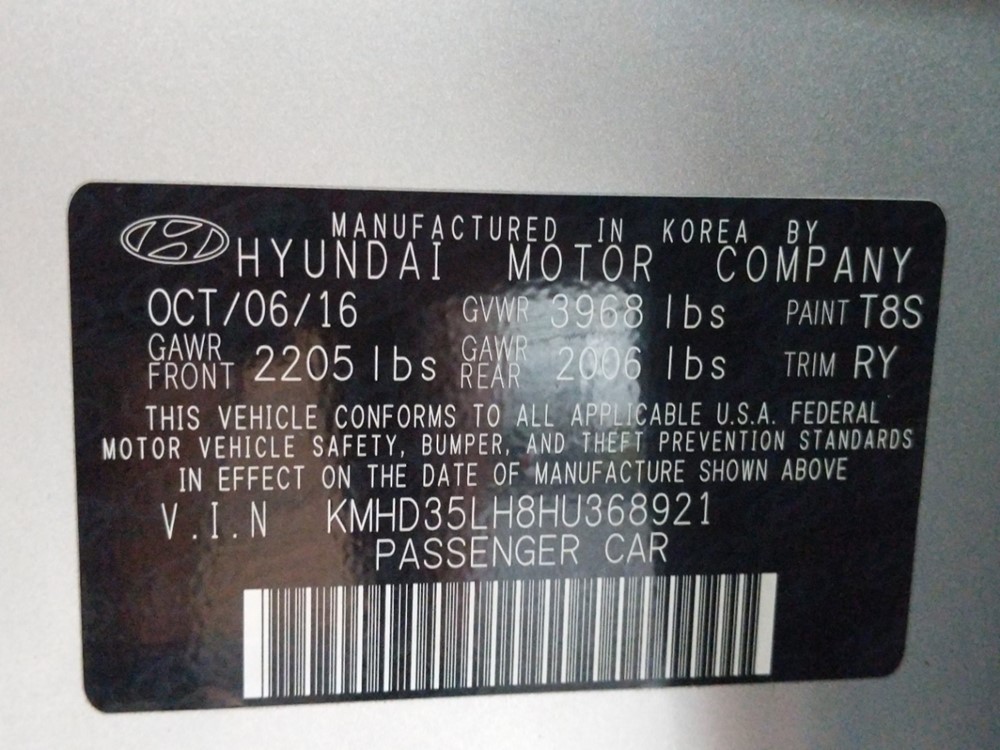 2017 Hyundai Elantra - VIN Plate