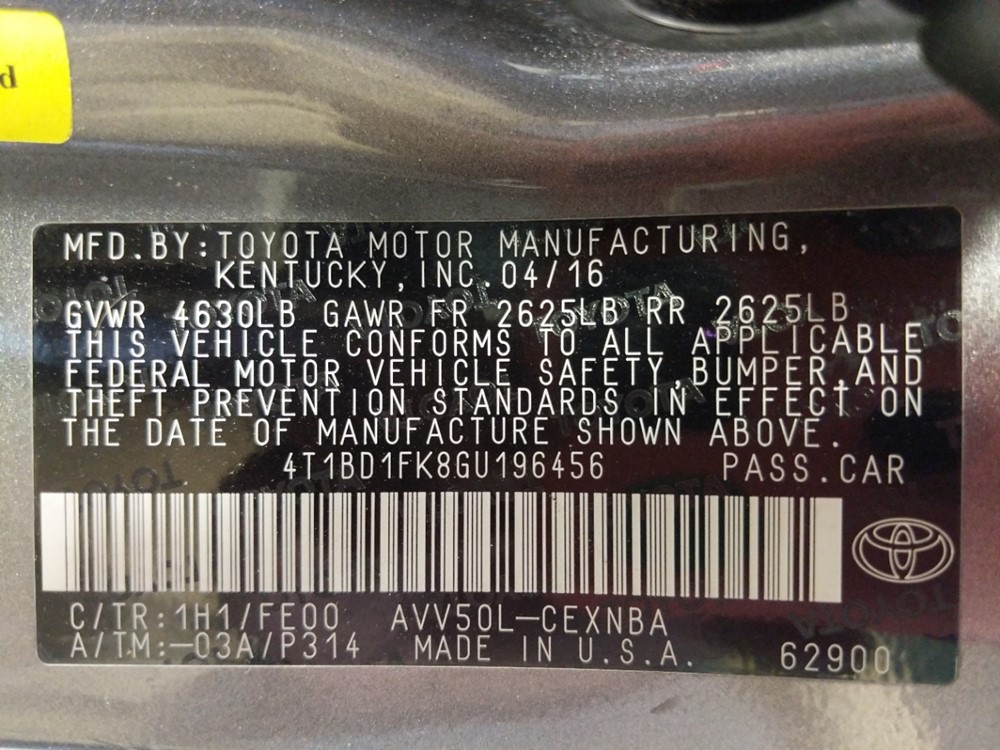 2016 Toyota Camry - VIN Plate
