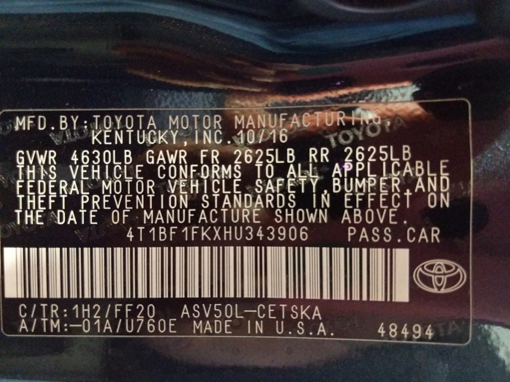 2017 Toyota Camry - VIN Plate