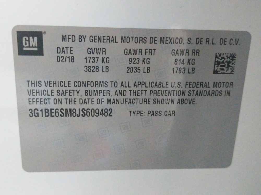 2018 Chevrolet Cruze - VIN Plate