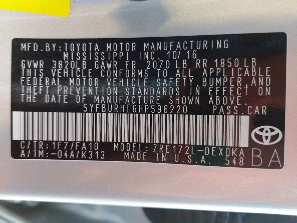 2017 Toyota Corolla - VIN Plate