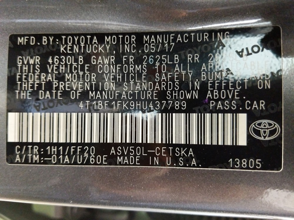 2017 Toyota Camry - VIN Plate
