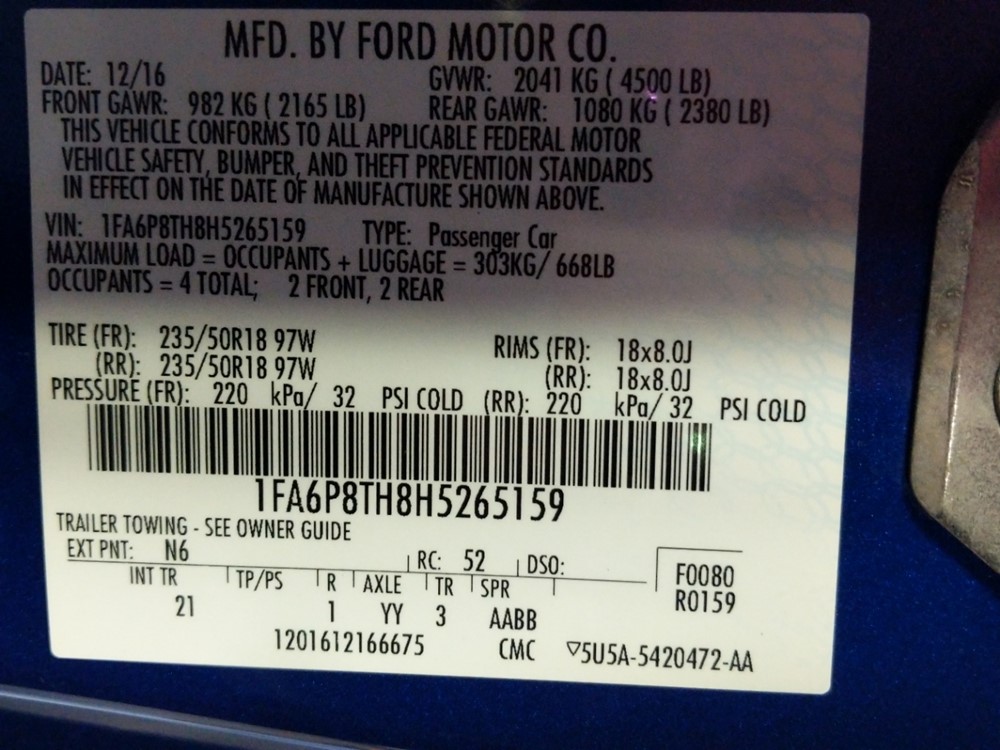 2017 Ford Mustang - VIN Plate