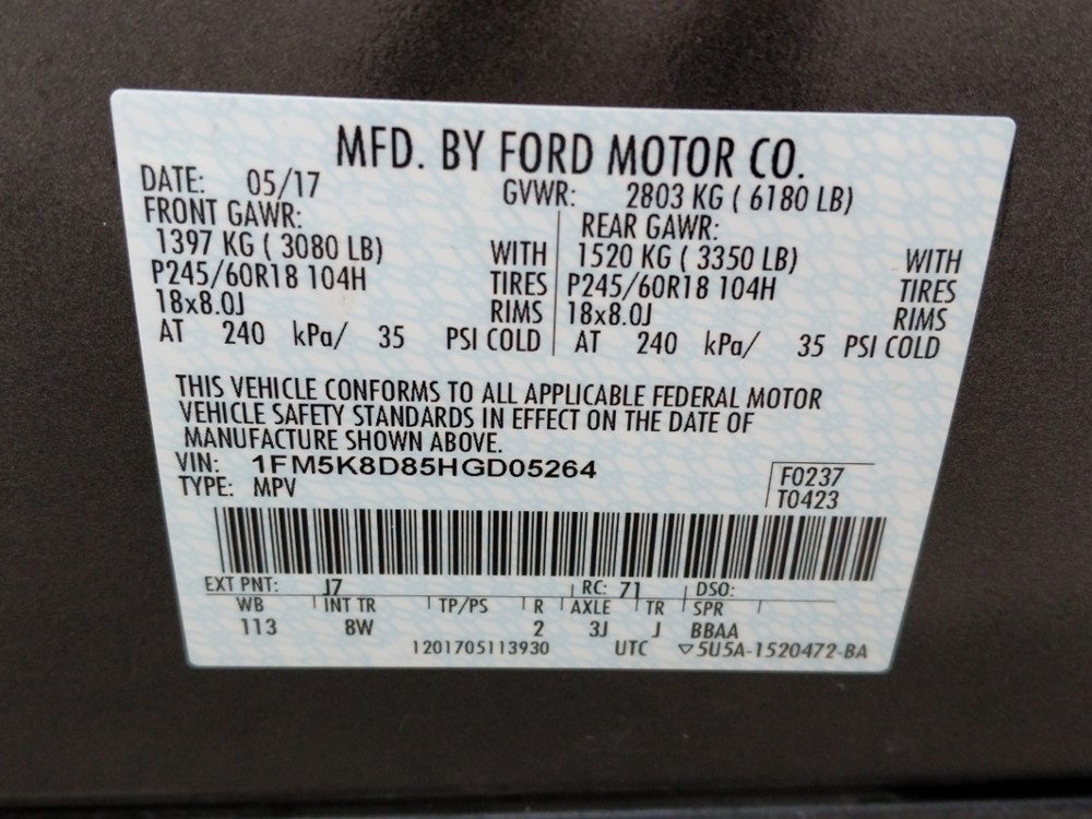 2017 Ford Explorer - VIN Plate