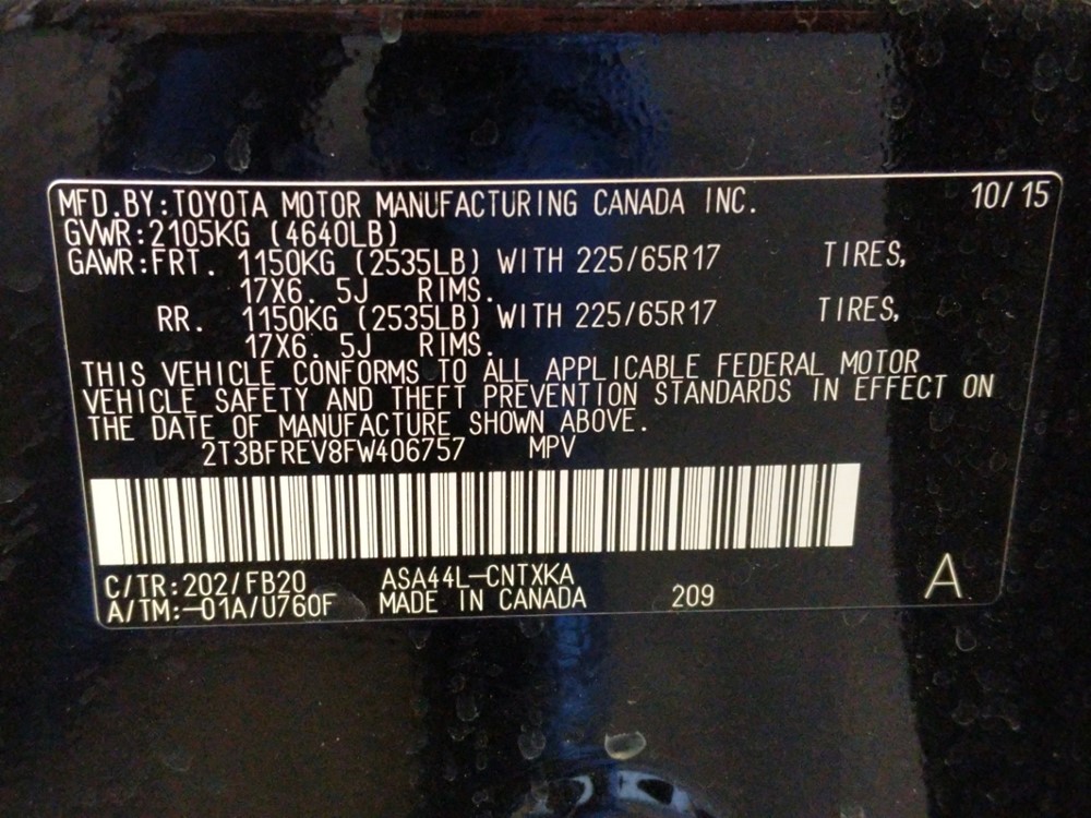 2015 Toyota RAV4 - VIN Plate