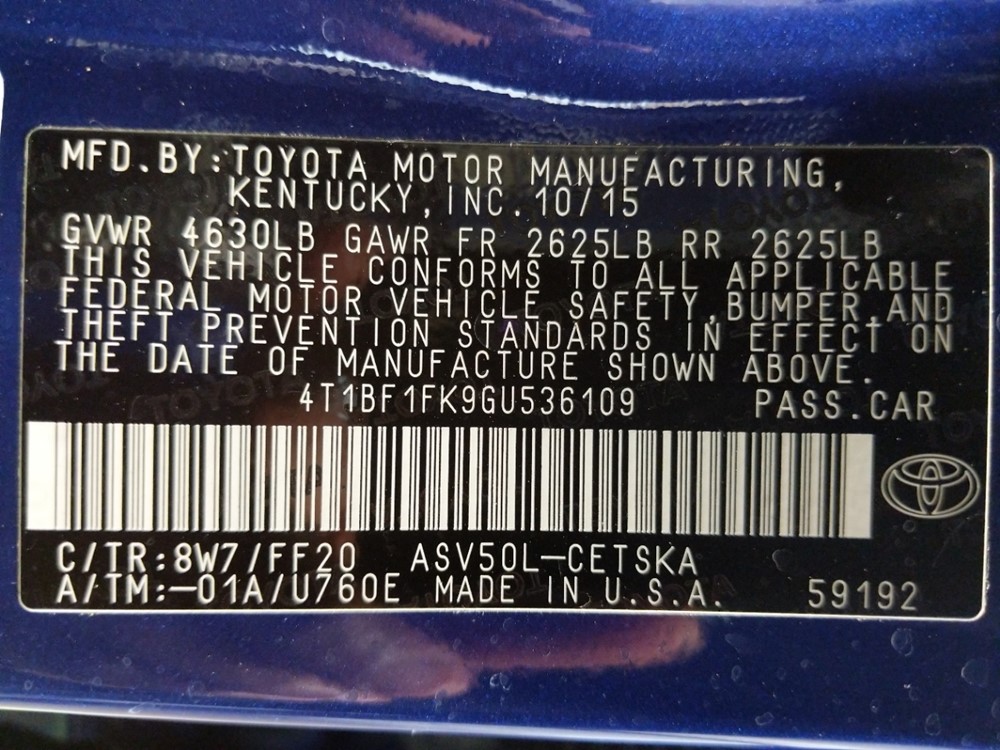 2016 Toyota Camry - VIN Plate