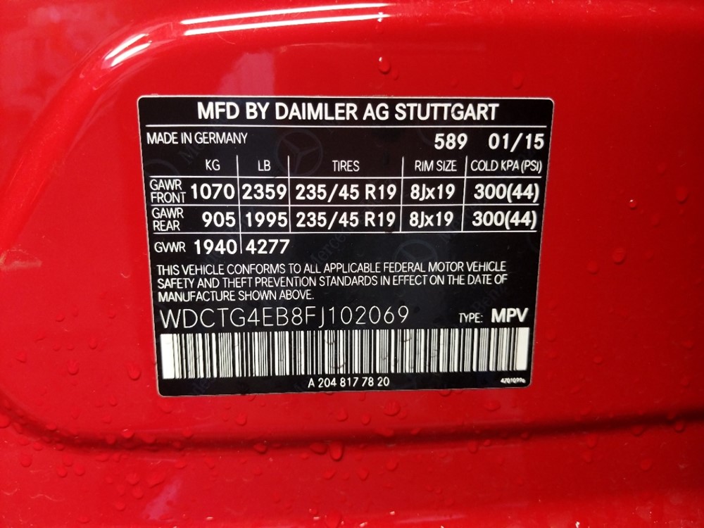 2015 Mercedes-Benz GLA250 - VIN Plate