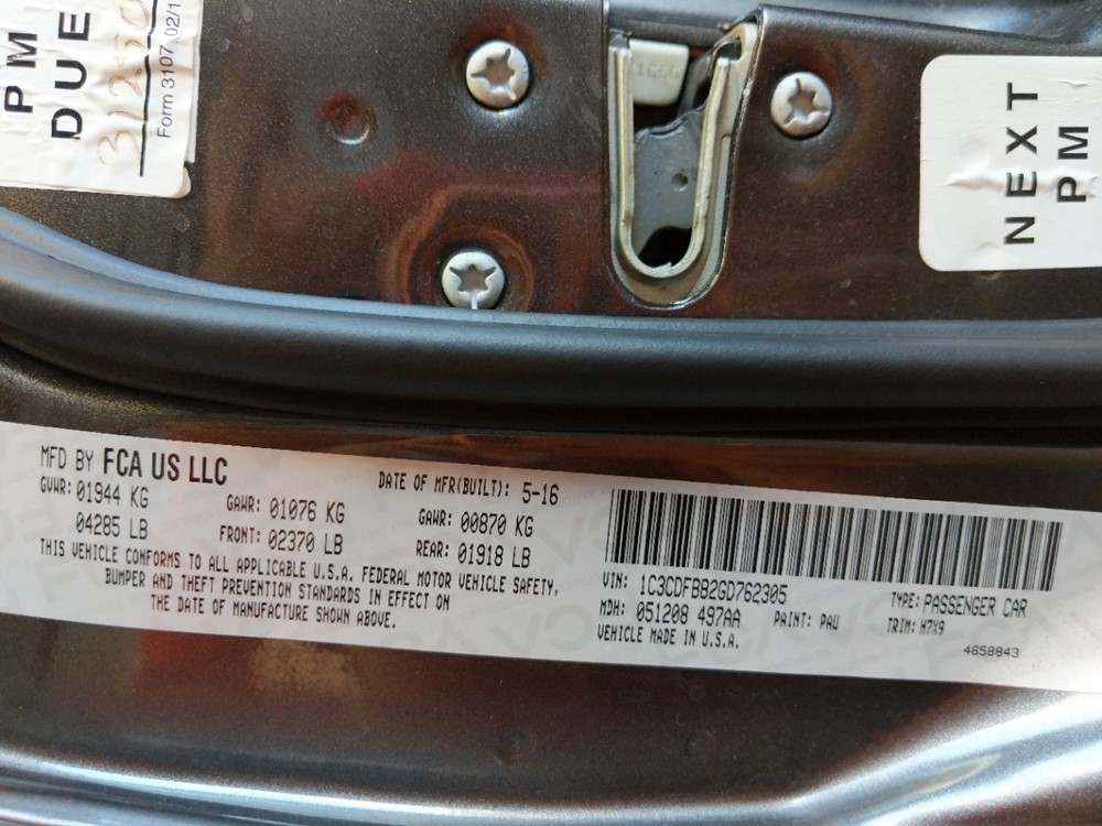 2016 Dodge Dart - VIN Plate