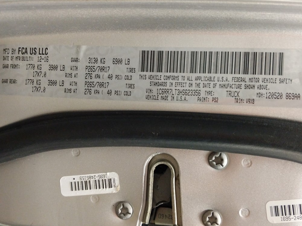 2017 Dodge Ram 1500 - VIN Plate