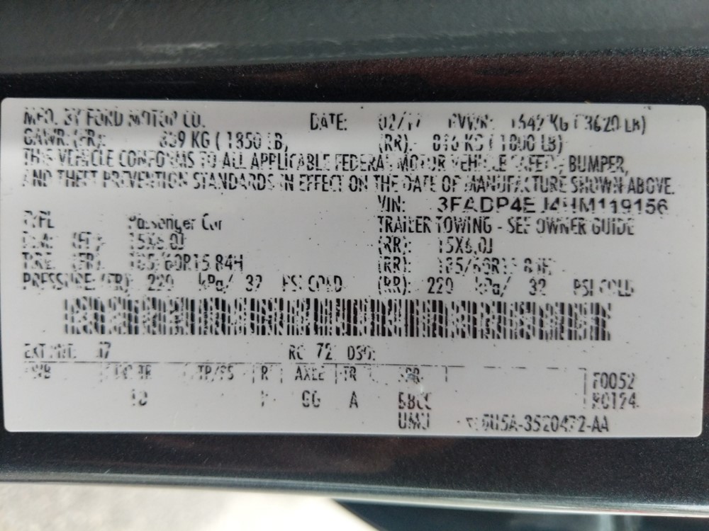 2017 Ford Fiesta - VIN Plate
