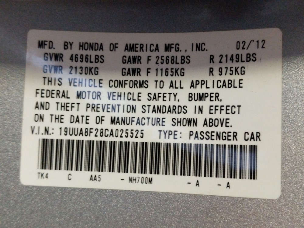 2012 Acura TL - VIN Plate
