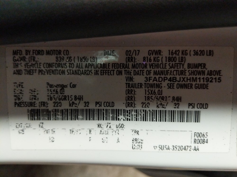 2017 Ford Fiesta - VIN Plate