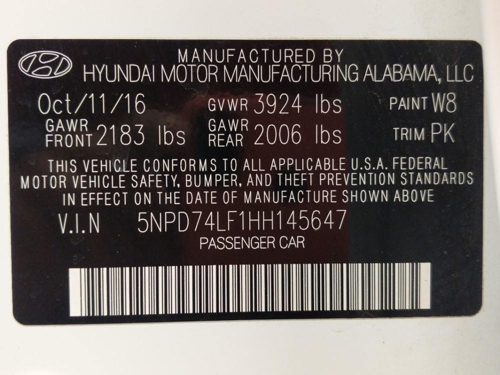 2017 Hyundai Elantra - VIN Plate