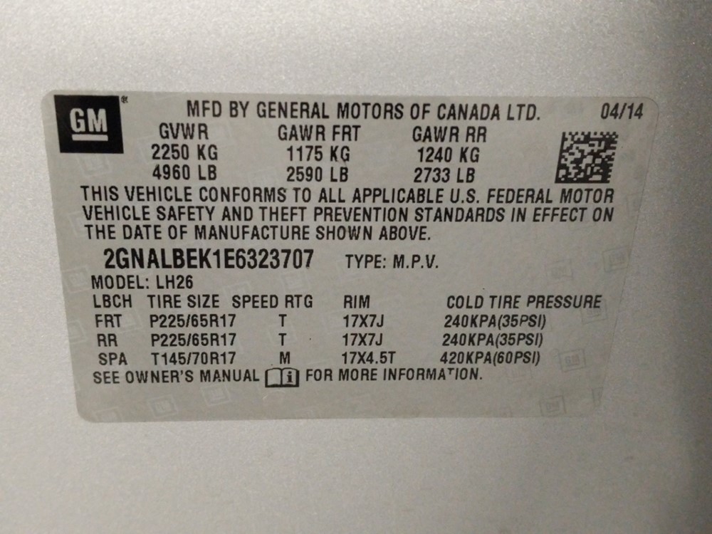 2014 Chevrolet Equinox - VIN Plate