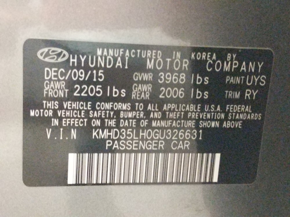 2016 Hyundai Elantra - VIN Plate