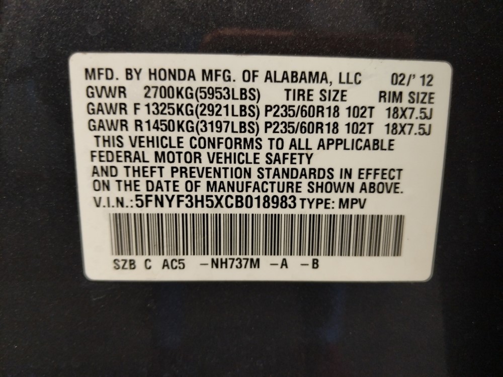 2012 Honda Pilot - VIN Plate