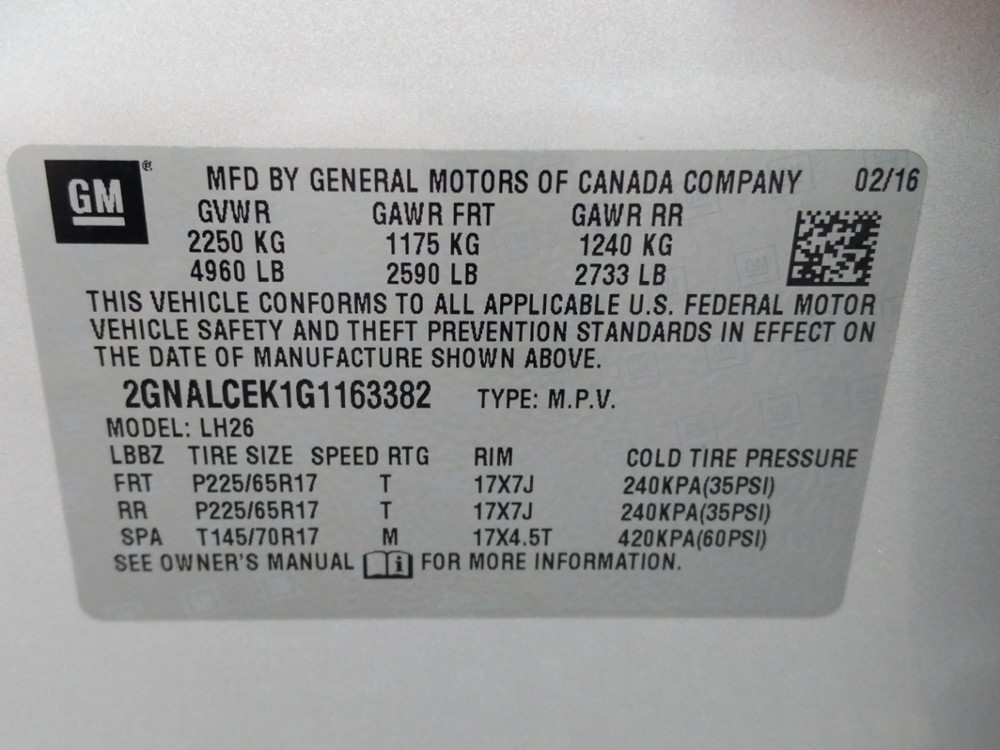 2016 Chevrolet Equinox - VIN Plate