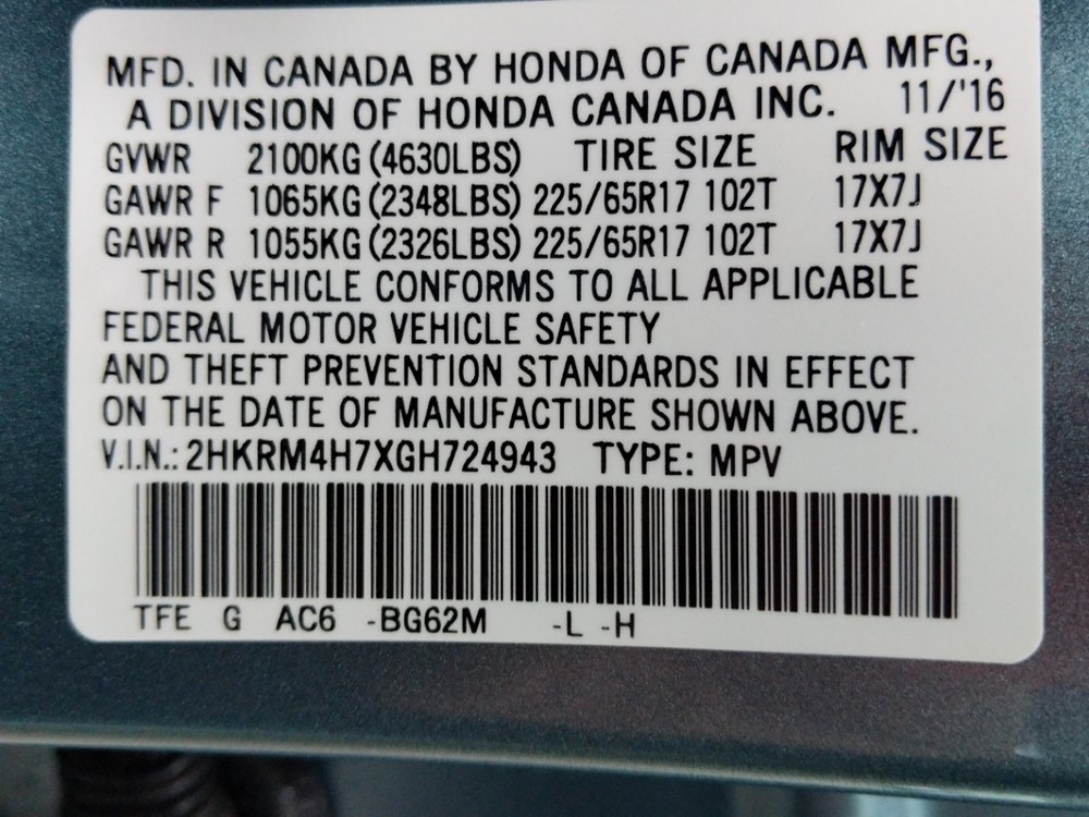 2016 Honda CR-V - VIN Plate