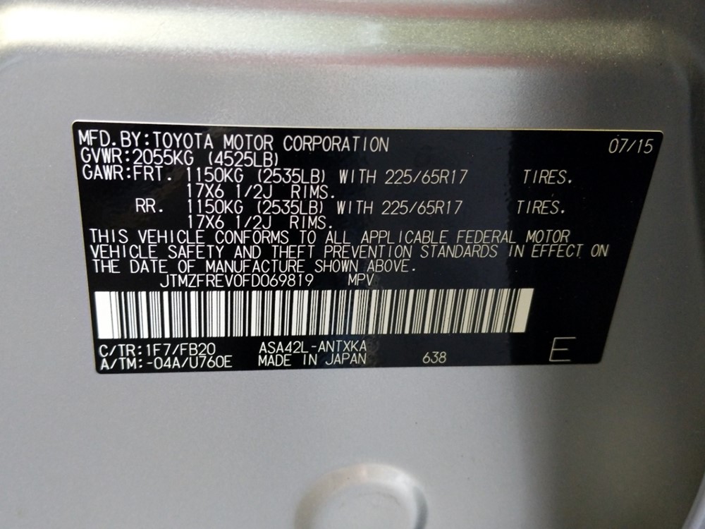 2015 Toyota RAV4 - VIN Plate