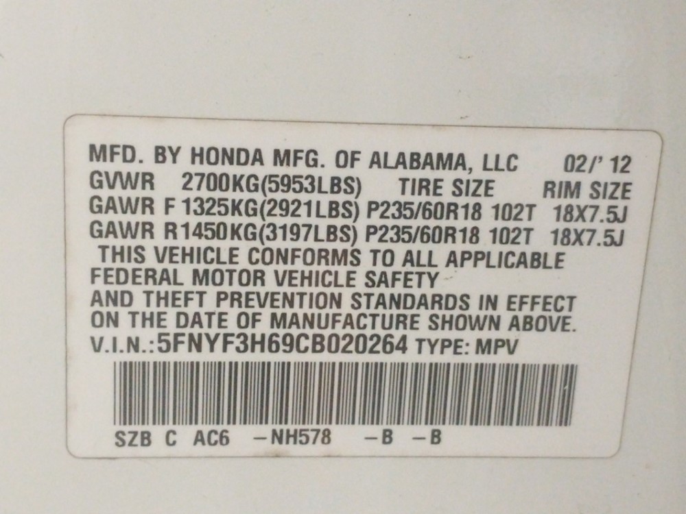 2012 Honda Pilot - VIN Plate