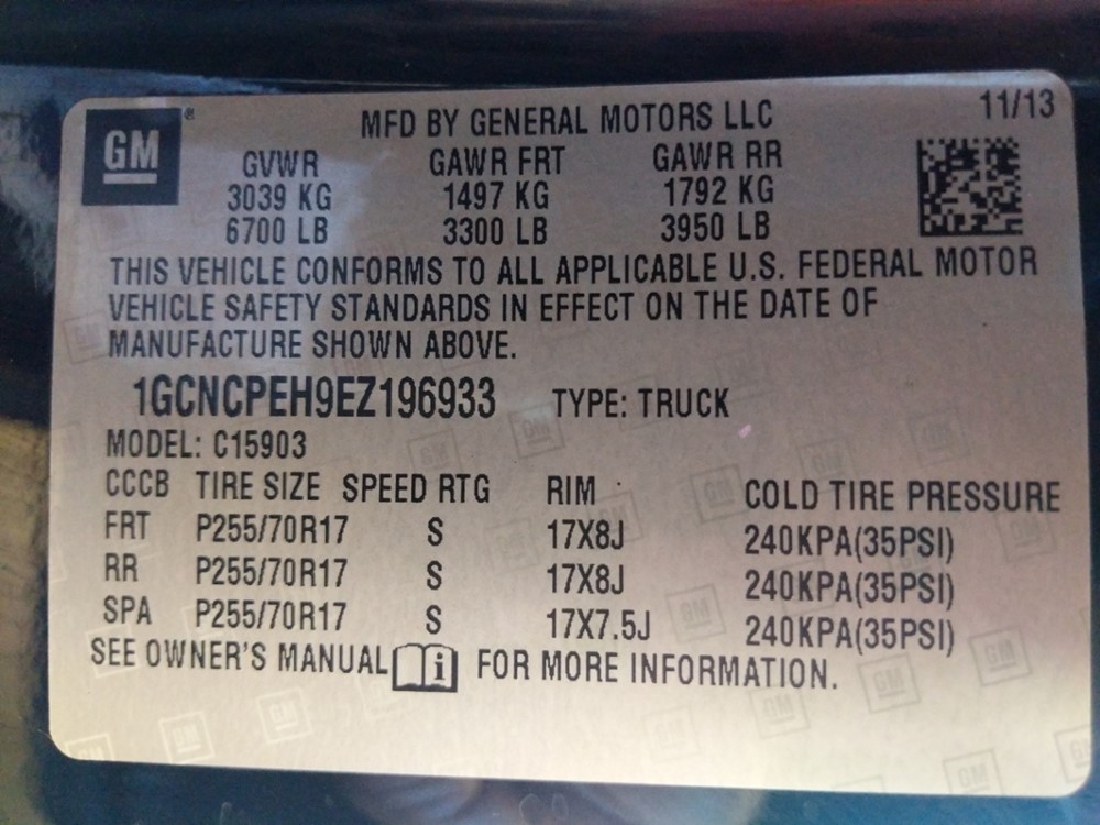 2014 Chevrolet Silverado 1500 - VIN Plate