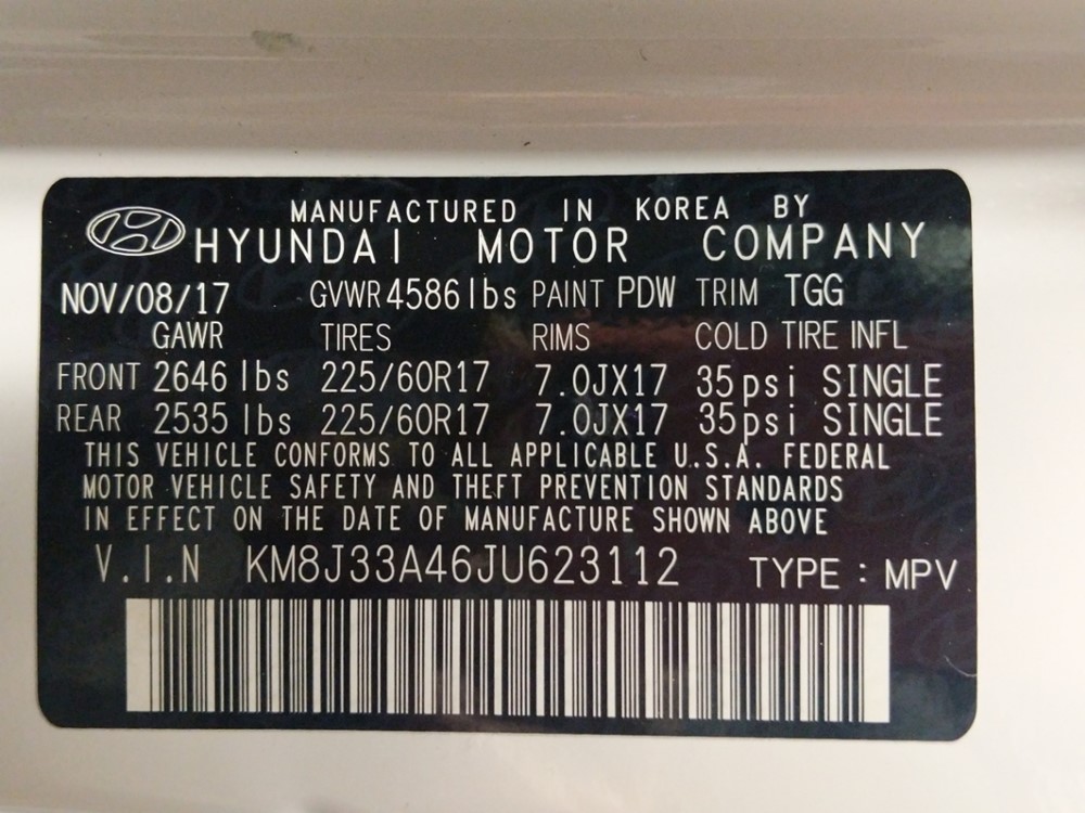 2018 Hyundai Tucson - VIN Plate