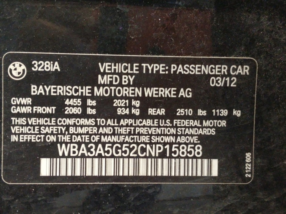 2012 BMW 328i - VIN Plate