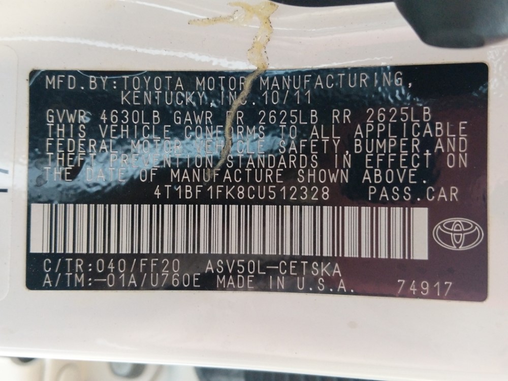 2012 Toyota Camry - VIN Plate