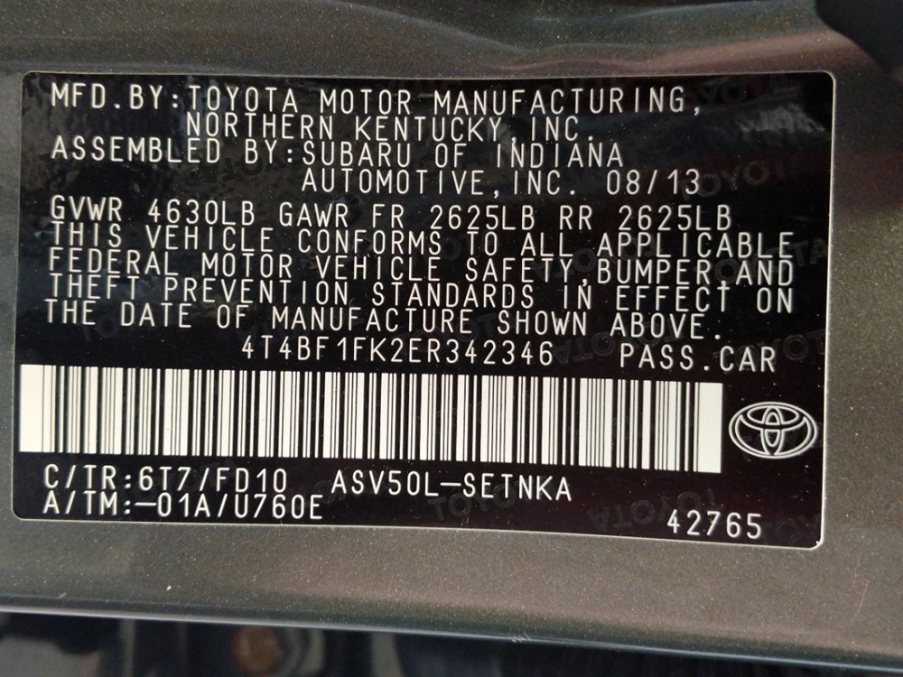 2014 Toyota Camry - VIN Plate