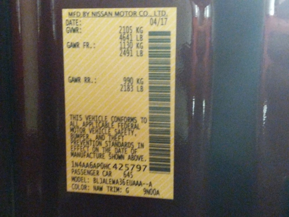 2017 Nissan Maxima - VIN Plate