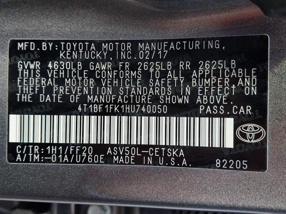 2017 Toyota Camry - VIN Plate