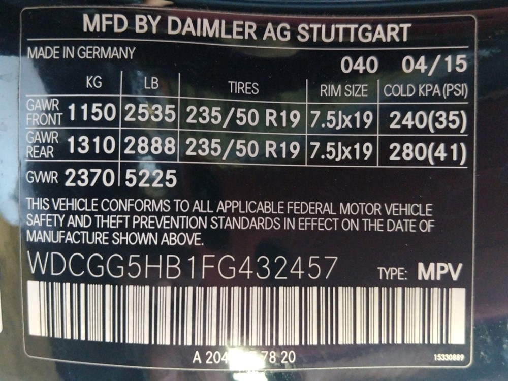 2015 Mercedes-Benz GLK350 - VIN Plate