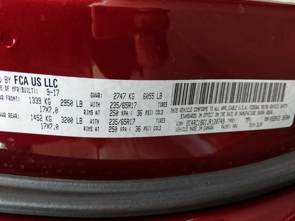 2018 Chrysler Pacifica - VIN Plate